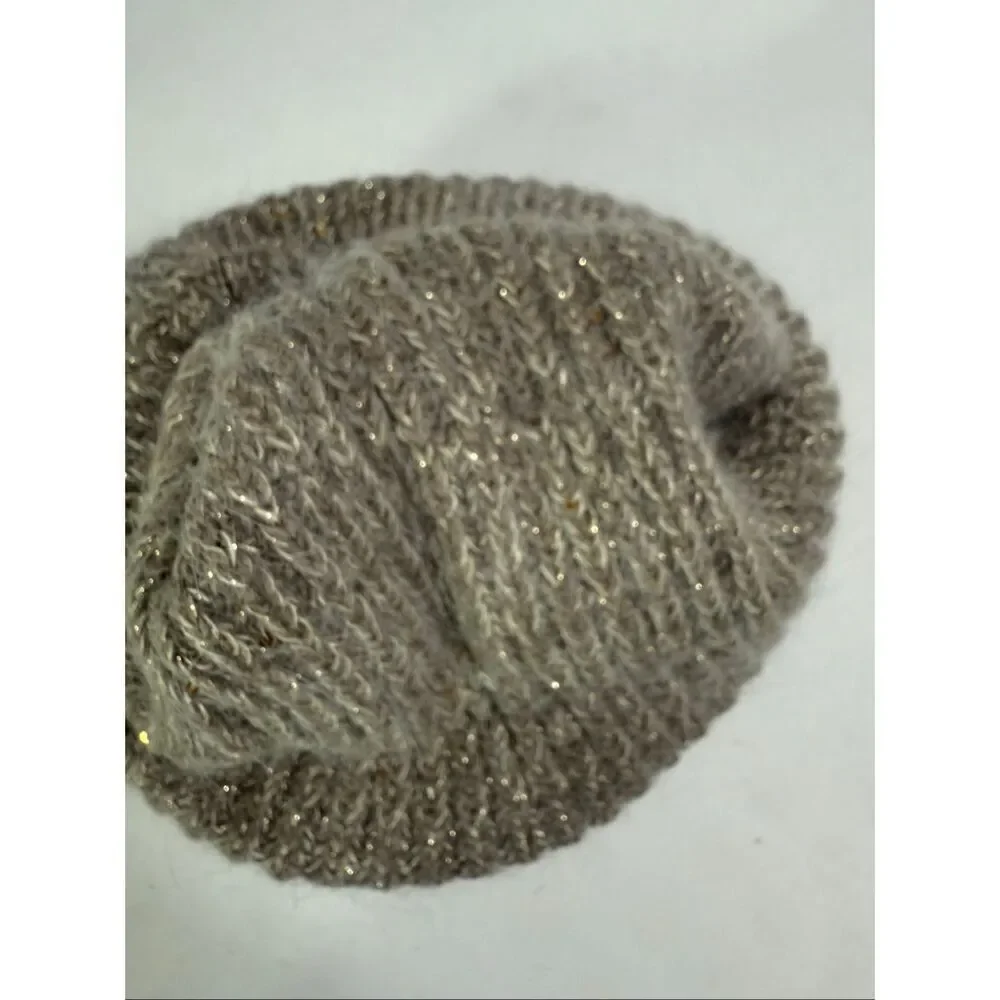 Women’s Tan Lurex Trim Beanie Hat Knit One Size Adult